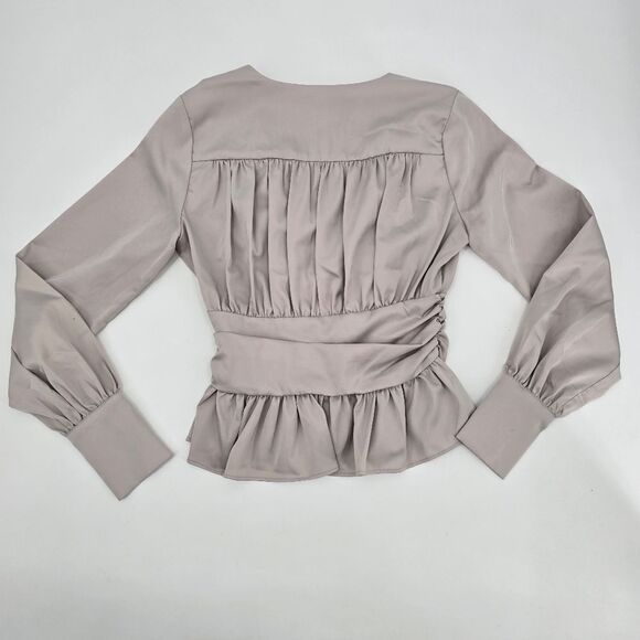Jason Wu Silver Beige V-Neck Peplum Ruffles Hem Satin Blouse Gathered Waist XS - Picture 7 of 8